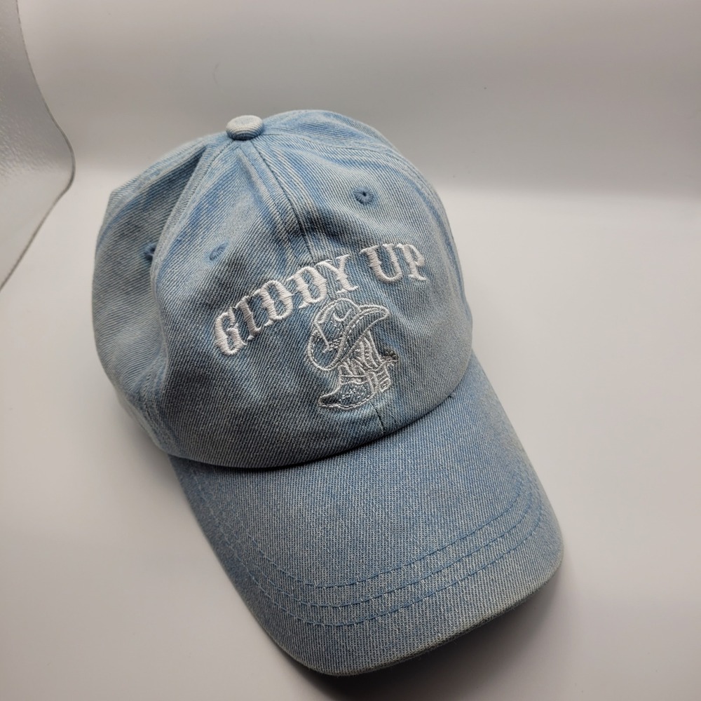 Giddy Up Cowboy Boot Embroidered Light Wash Denim Baseball Cap Hat Adjustable